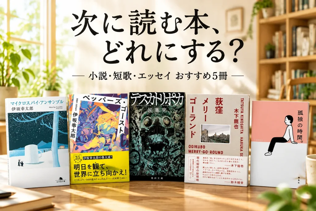 明るい図書室に正面表紙5冊。小説・短歌・エッセイの違いを感じる読書風景。