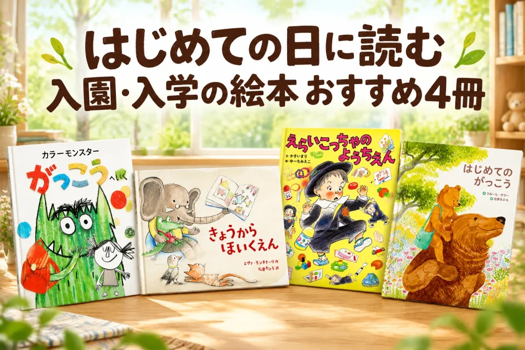 春の明るい読書コーナーに選定4冊の全表紙を正面で巨大に。緑のカラーモンスター、横長わに保育園、黄色の幼稚園、くま親子の学校。