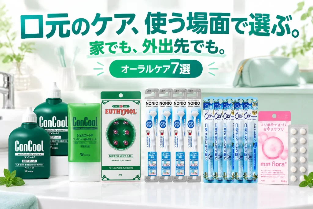 明るい洗面台と小さな携帯ポーチに、歯みがき剤や洗口液、タブレットを並べる。毎日の口元の手入れを使う場面で選ぶイメージ。