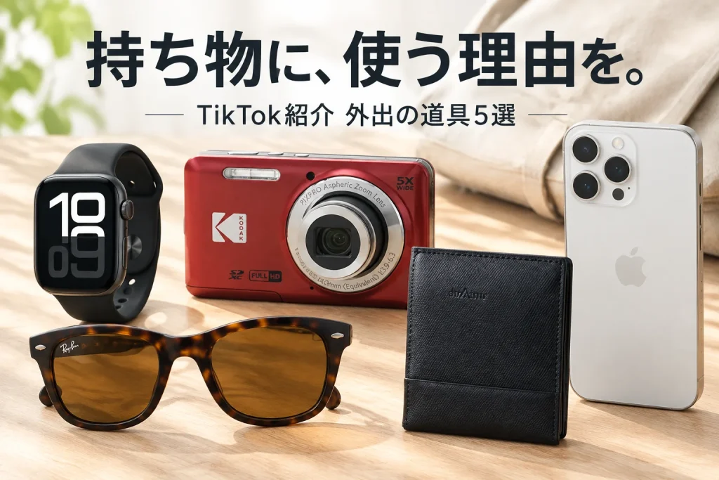明るい外出準備の机に時計・赤いコンパクトカメラ・折り畳みレイバン・黒い薄型財布・白いiPhoneを大きく配置