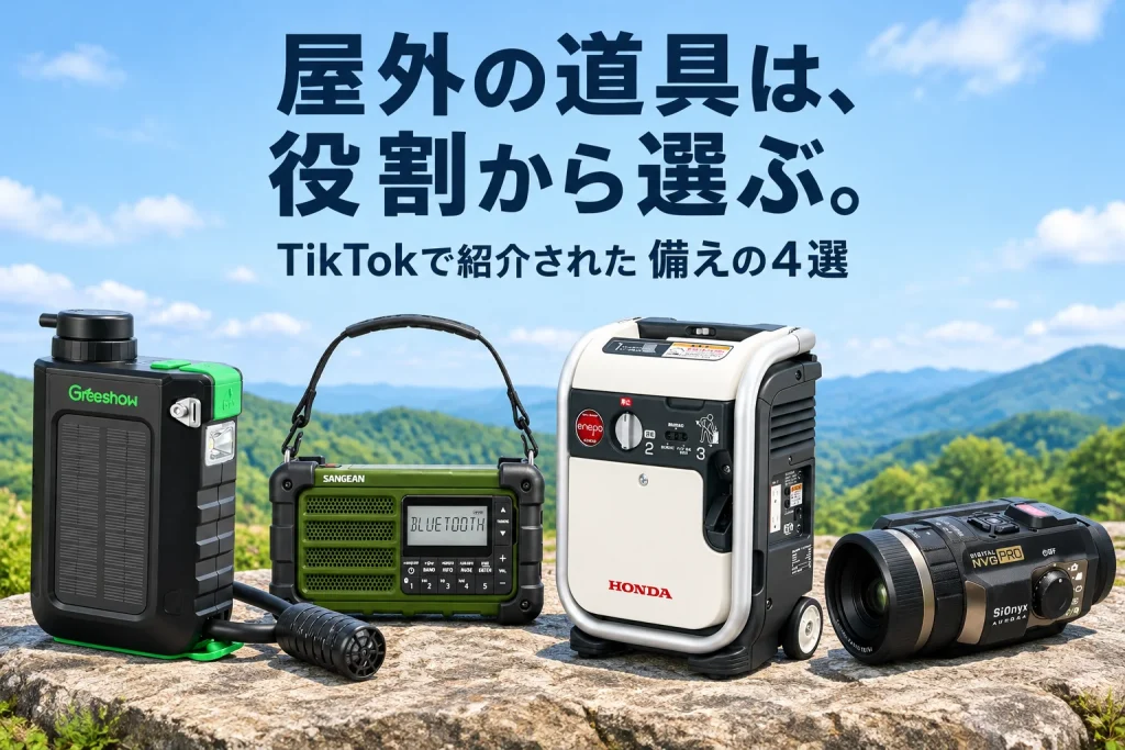 明るい開放的な屋外の石の台に、携帯浄水器、緑のラジオ、白いエネポ、黒い暗視カメラが正面で大きく並ぶ記事イメージ。発電機の稼働描写なし。