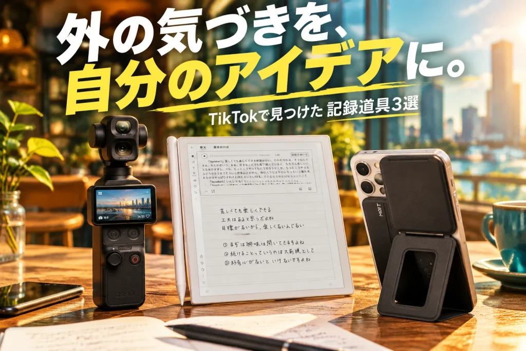 光が差すカフェの木製テーブルに、スマホに装着した黒いMOFTスタンド、白い電子ノート、黒い小型ジンバルカメラを大きく配置。外で得た気づきを持ち帰る楽しさを太い日本語で伝える。