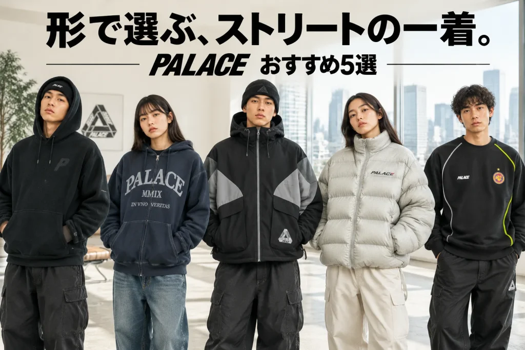 PALACE5型の正面衣服を大きく配置。黒フリース、紺ジップフーディ、黒灰配色フードジャケット、灰パファー、黒パイピングクルー。明るいストリートのショールーム。