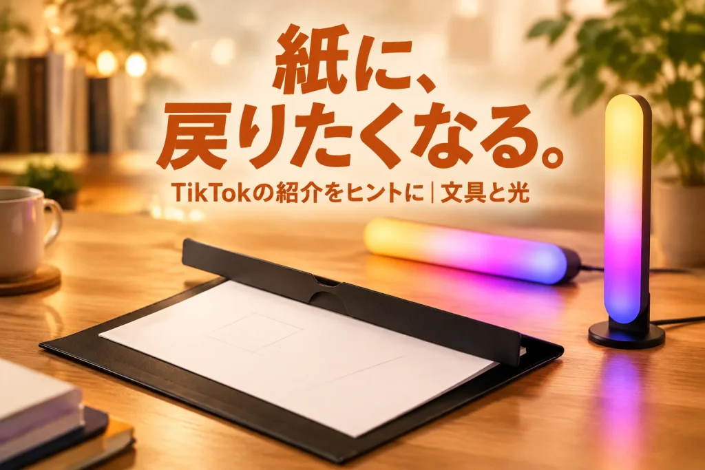 開いた黒いペーパージャケットと大きな紙、暖かい書斎の机にSwitchBotの光。商品を大きく、太いオレンジコピーで紙に書く楽しさを伝える。