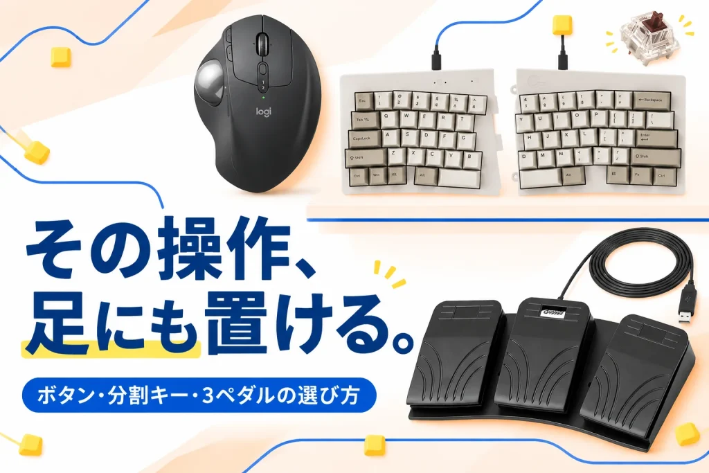 その操作、足にも置ける。：Logicool MX ERGO S グラファイト MXTB2、Mistel Barocco MD600 Alpha BT Rhino 英語配列 茶軸 ML-MD600ABT-U-BR/WH、イーサプライ 3ペダルフットスイッチ EZ4-MA214BK