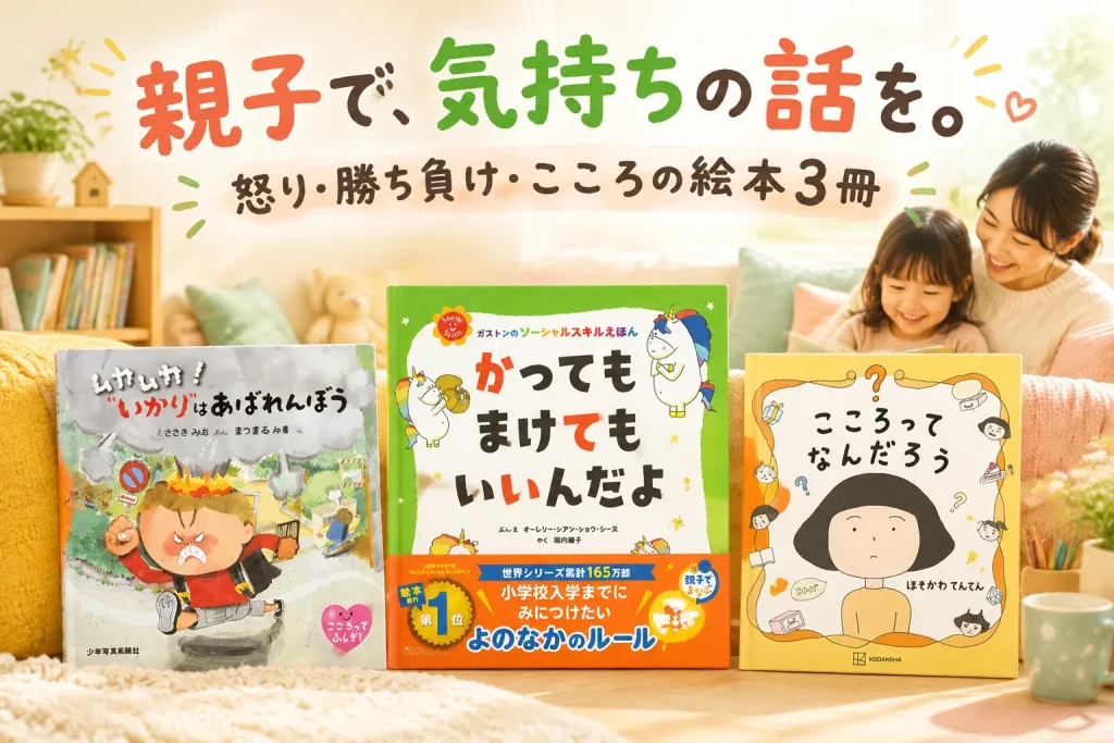 明るいリビングに気持ちをテーマにした絵本が広がる。親子でページを眺め、話す時間を感じるやわらかなイメージ。