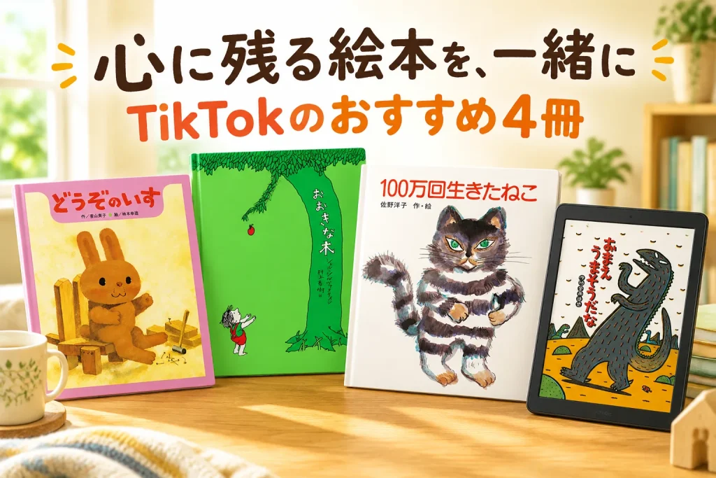 日差しの柔らかい読書スペースに、紹介する絵本の表紙を大きく配置。親子で物語を楽しむ温かさと、大人が読み返す静かな時間を表現する。