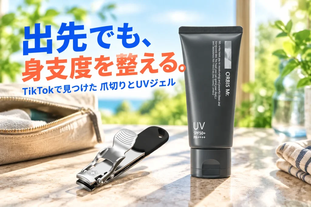銀色と黒の小型爪切り、濃いグレーのUVジェルを大きく見せる。明るい外出準備の場面と、身支度の道具を持ち歩く大きな日本語コピー。