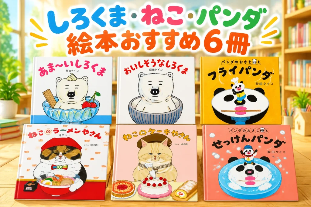明るい木の読書テーブルに正面表紙6冊。しろくま、ねこ、パンダの表紙を巨大に、暖かな本棚と窓の自然光。