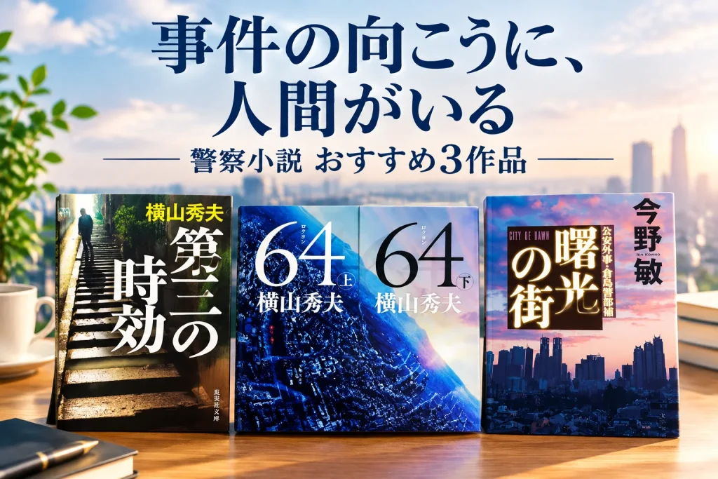 第三の時効、64上下、曙光の街の正面書影。明るい読書机に大きな本、背景は淡い都市の光。