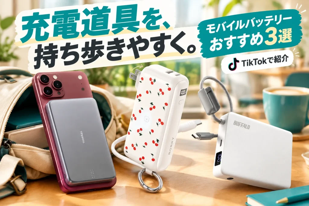 スマートフォンと、形の異なるモバイルバッテリーを大きく並べた明るい持ち物の場面。バッグへ入れる充電道具を選ぶイメージ。