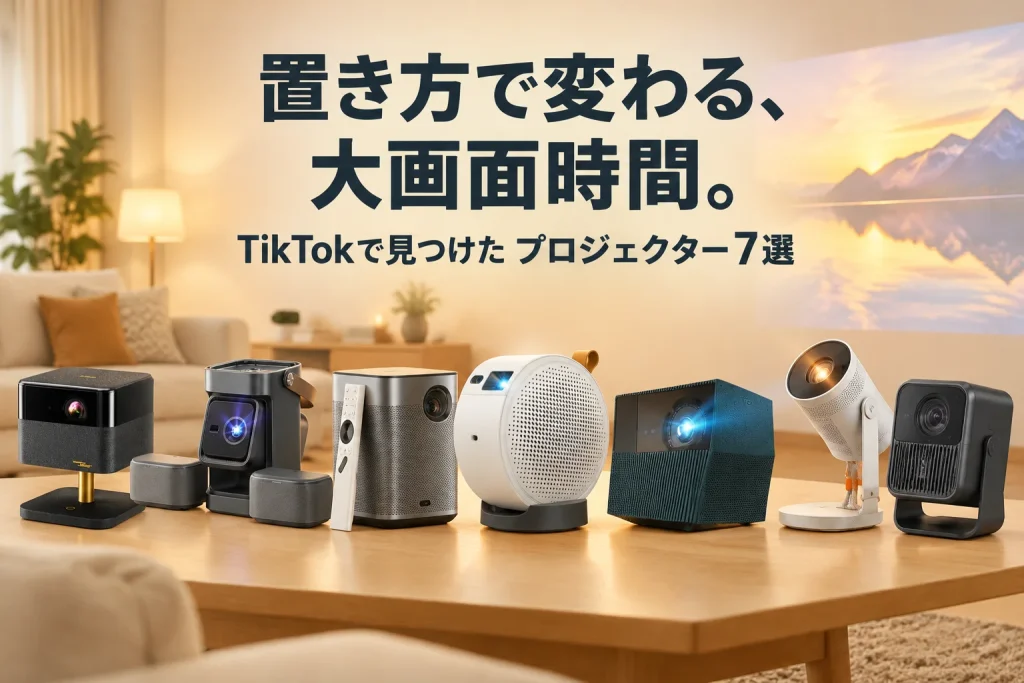 明るく上質なリビングを背景に、異なるプロジェクター7台を大きく見せる記事イメージ。