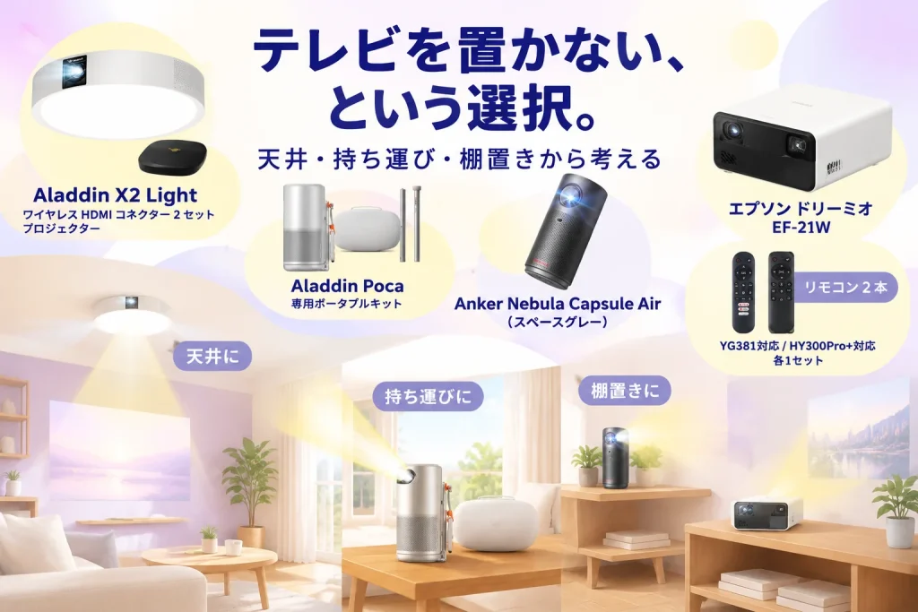 テレビを置かない部屋づくり|プロジェクター3台と対応機器の選び方の紹介イメージ