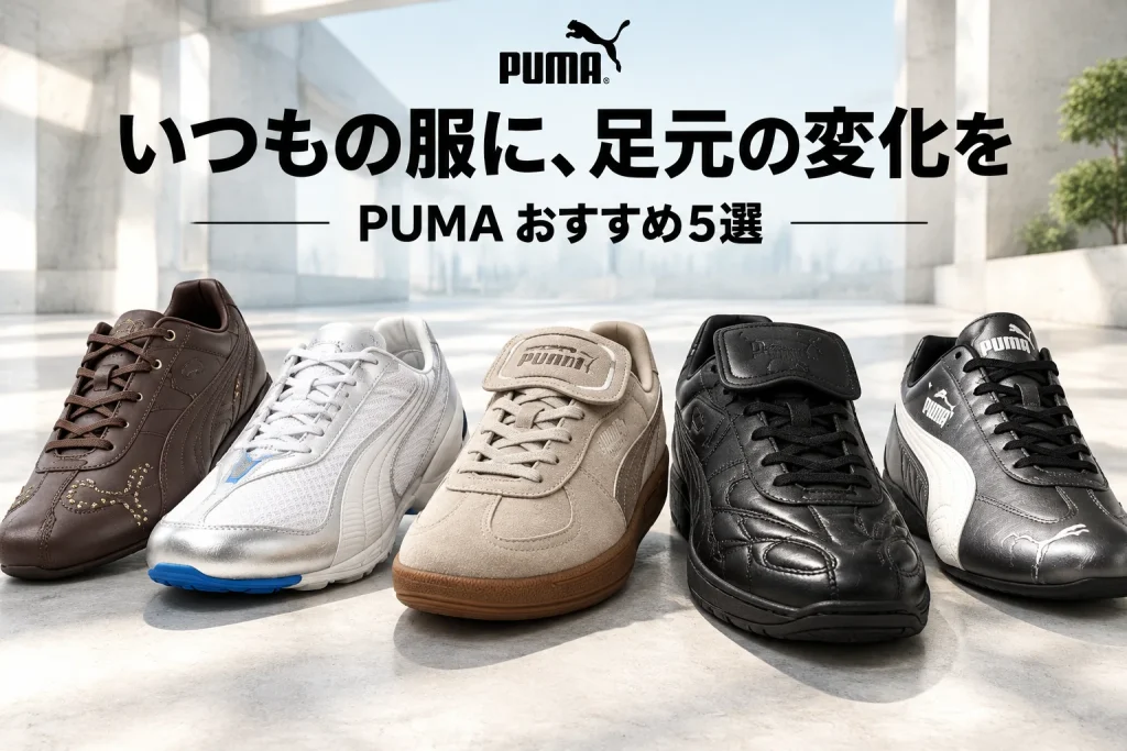 PUMA5モデルのつま先・甲が分かる正面寄りの靴を大きく配置。茶、白銀、ベージュ、黒、黒白の掲載色。