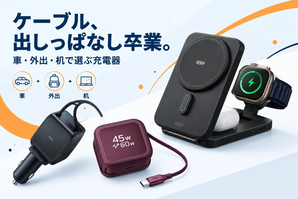 車用巻き取り充電器、Xtend45W、3in1Qi2.2充電器を使う場所で選ぶ。