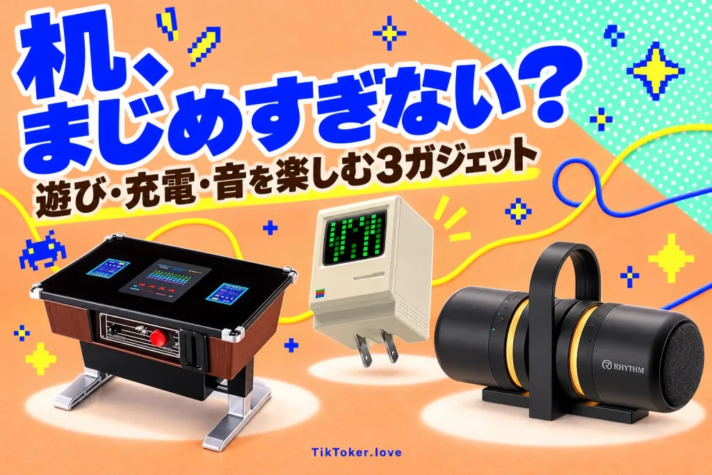 テーブル型貯金箱、画面付き充電器、分離型スピーカーと「机、まじめすぎない？」の文字