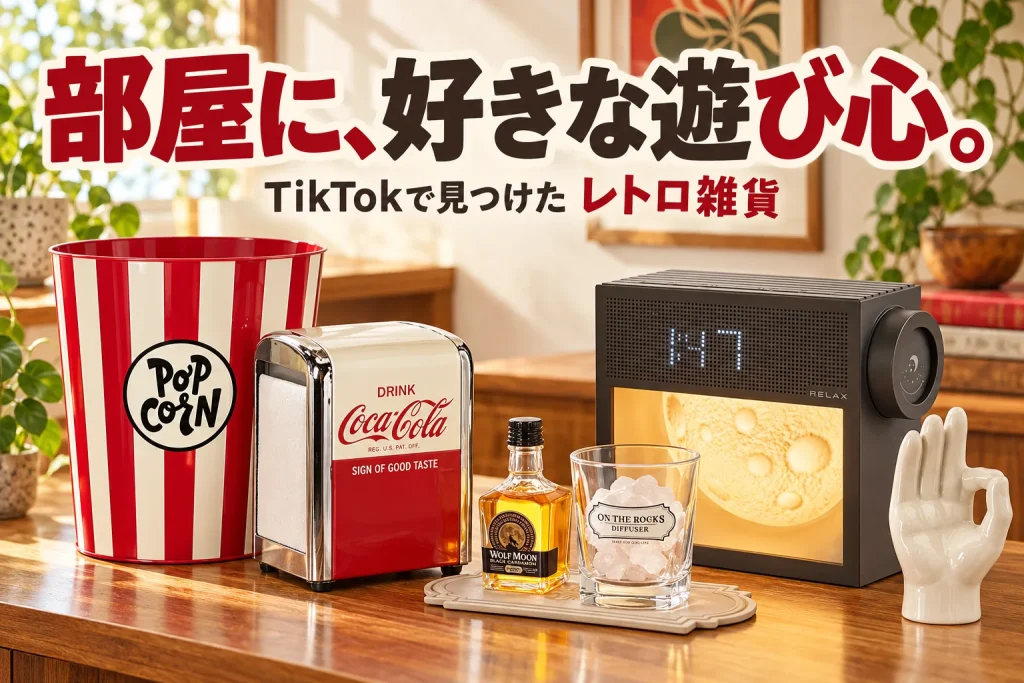 明るいクリーム色と木の部屋。赤白縞のごみ箱、赤白クロームのコーラナプキン入れ、小瓶と石入りグラス型ディフューザー、月面ライトの角型時計、白陶器OKハンドを大きく配置。