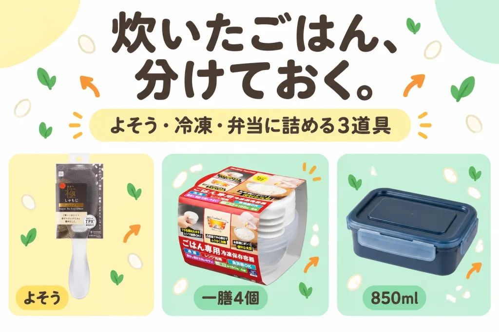 炊いたごはん、分けておく。:marna 極しゃもじ プレミアム ノーマル クリア K674CL、エビス ごはん専用冷凍保存容器 一膳 4コ入 PG-3140、CAINZ 洗いやすい弁当箱 850ml ネイビー 4550596142456
