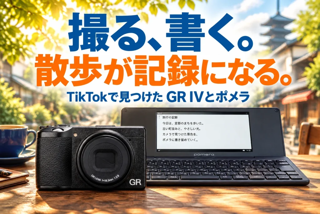 黒いGR IVと開いたダークグレーのポメラを大きく配置。街並みが見える明るいカフェの机に、写真と言葉を残す大きなコピー。