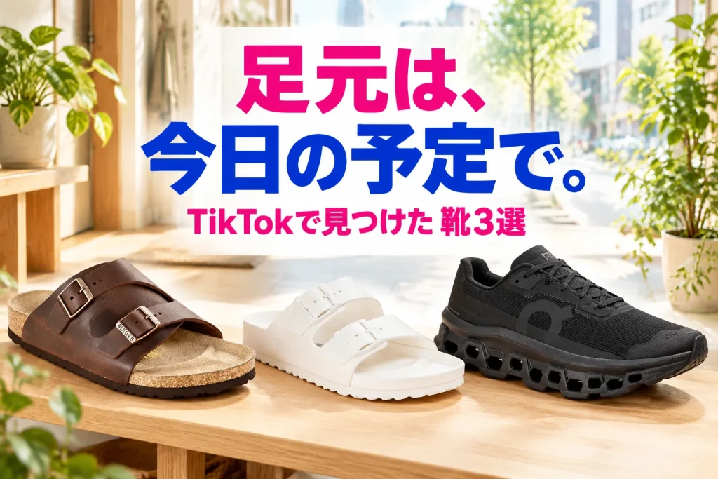 茶色のチューリッヒ、白いアリゾナEVA、黒いOnのスニーカーを大きく配置。明るい玄関と街歩きの背景に、今日の予定で足元を選ぶコピーを太く載せる。