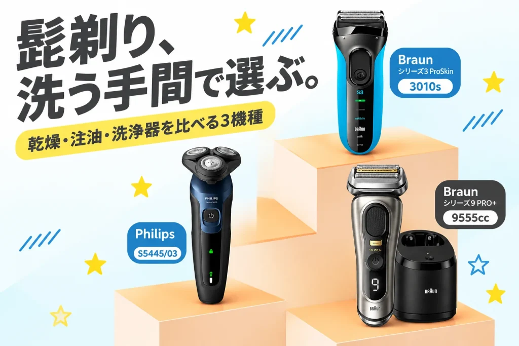 ブラウン3010s、フィリップスS5445/03、ブラウン9555ccと「髭剃り、洗う手間で選ぶ。」の文字