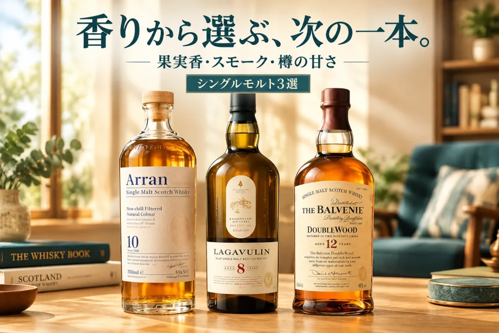 ゆっくり過ごす部屋の明るい窓辺に、個性の異なるシングルモルトのボトルを並べる。果実香と樽の香りを想像する記事イメージ。