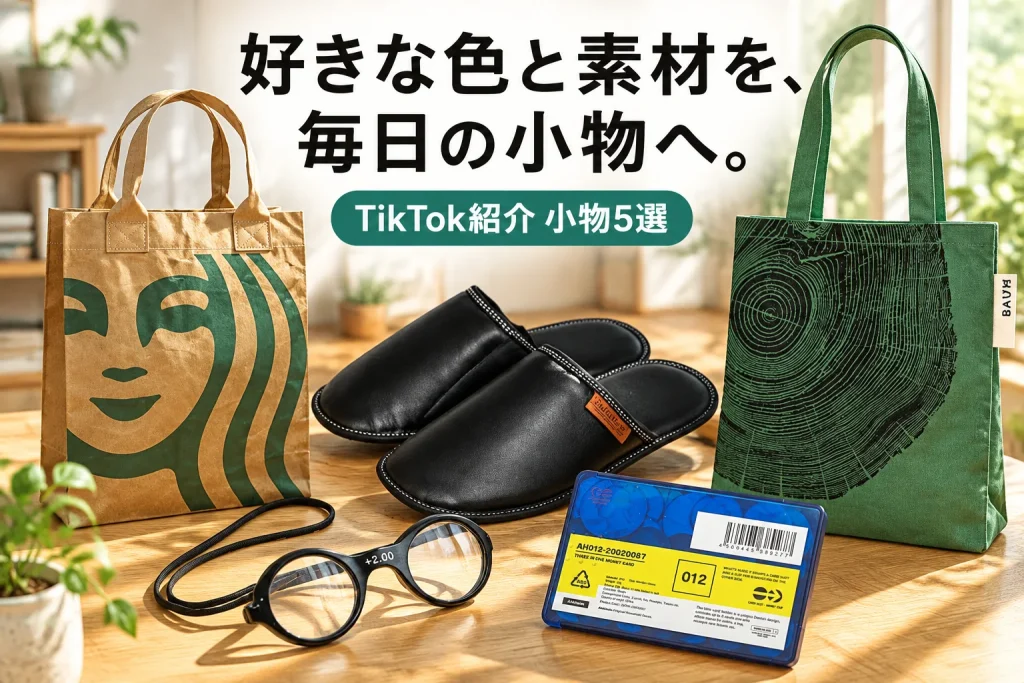 自然光の明るいテーブル、クラフト色のショッパー、眼鏡型ルーペ、黒いスリッパ、青いマネーカード、緑の木目柄トートを大きく。