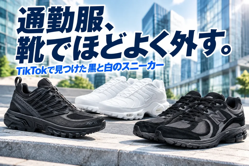 朝の街とオフィスへ向かう雰囲気を背景に、黒のサロモン、白いエアマックス、黒グレーのニューバランスを大きく配置。紺と鮮やかなブルーの太いコピーで、私服通勤の靴選びを伝える。