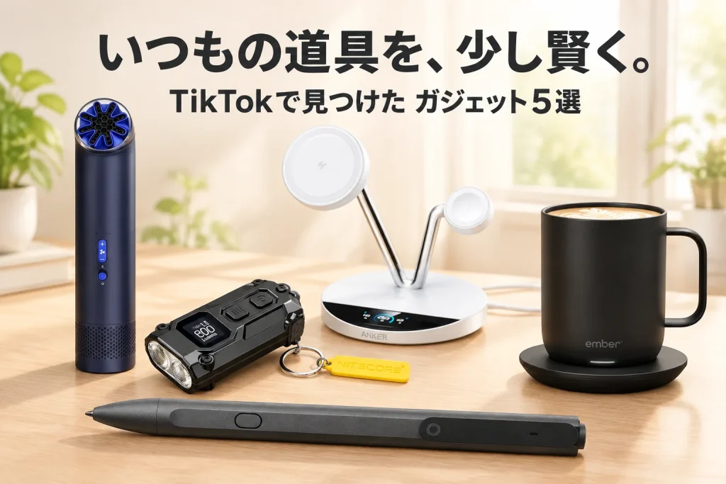 昼の明るい仕事机に録音ペン、ハンディファン、小型ライト、白い充電スタンド、黒いマグを大きく配置した記事イメージ。