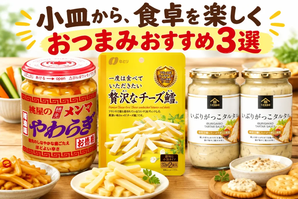明るい木の食卓に赤蓋の桃屋やわらぎ、黄色なとりコンテチーズ鱈袋、金蓋の久世福いぶりがっこタルタルを大きく置く。小鉢、野菜スティック、クラッカーを添える穏やかな食卓。