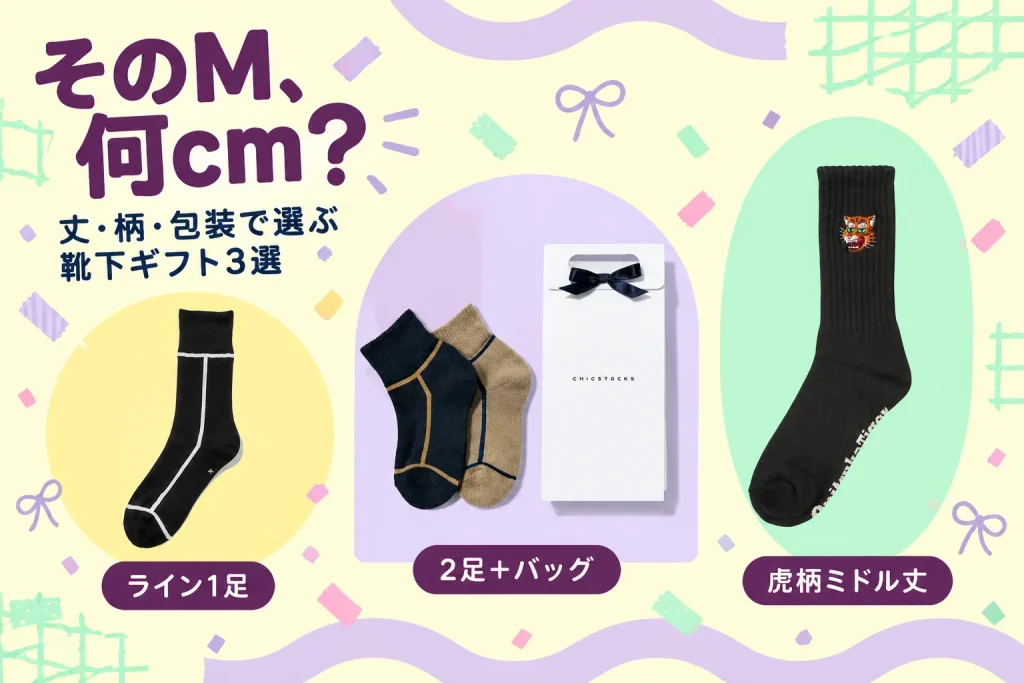 そのM、何cm?:CHICSTOCKS ライン CH002(ブラック×オフホワイト・L26〜28cm・1足)、CHICSTOCKS アンクルソックス CH102 2足ギフトバッグ(ベーシック・M24〜26cm)、Onitsuka Tiger MIDDLE SOCKS 3183A949(色・サイズ選択式)