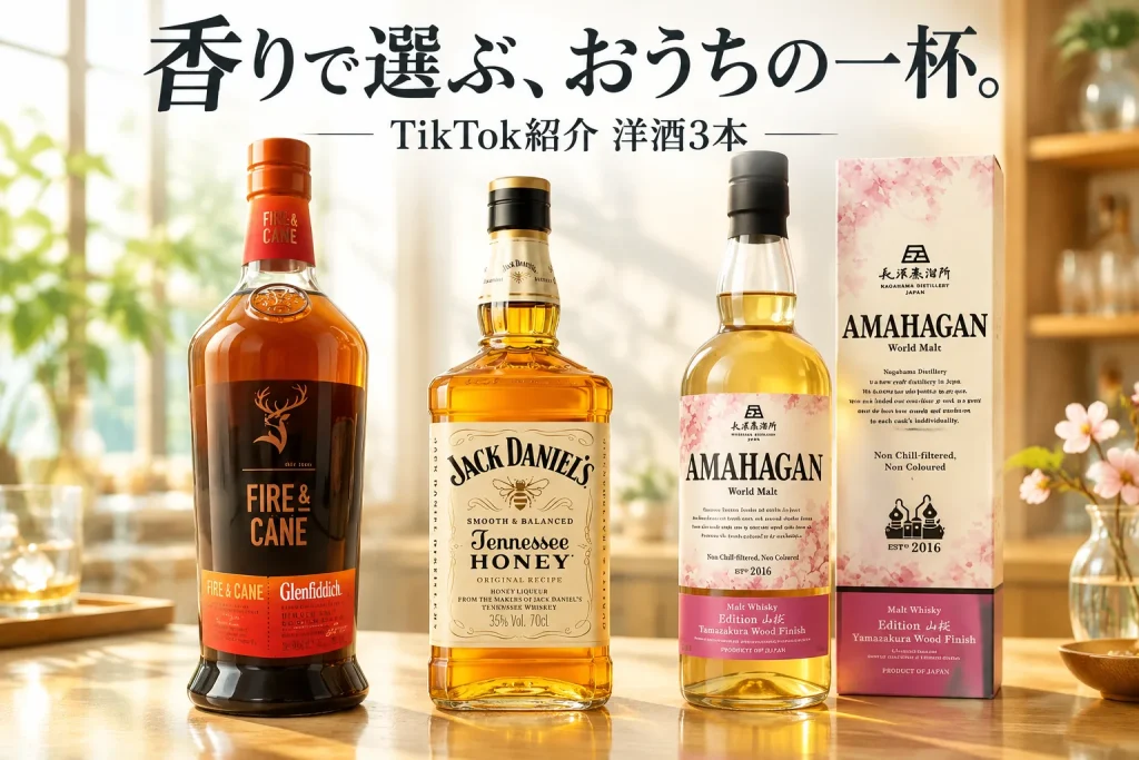 煙と甘い香り、蜂蜜、山桜の樽香で選ぶ洋酒のボトルを並べた明るいホームバー