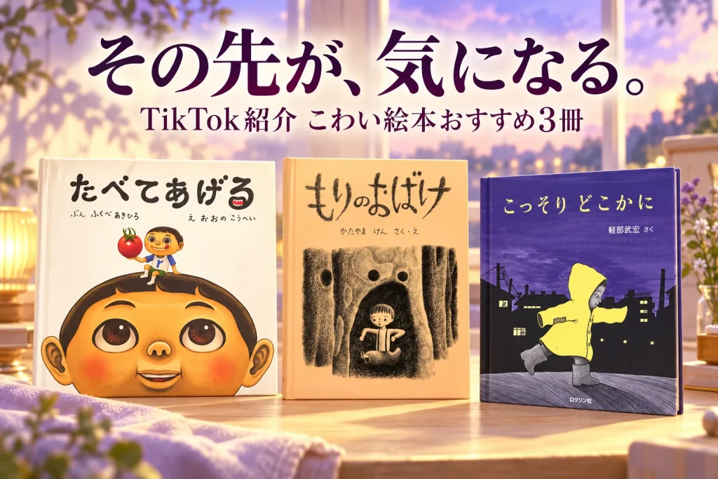 明るいラベンダーと淡い黄色の読書テーブルに、3冊の正面書影を大きく配置。窓の向こうの夕暮れが、物語の少し不思議な空気を添える。