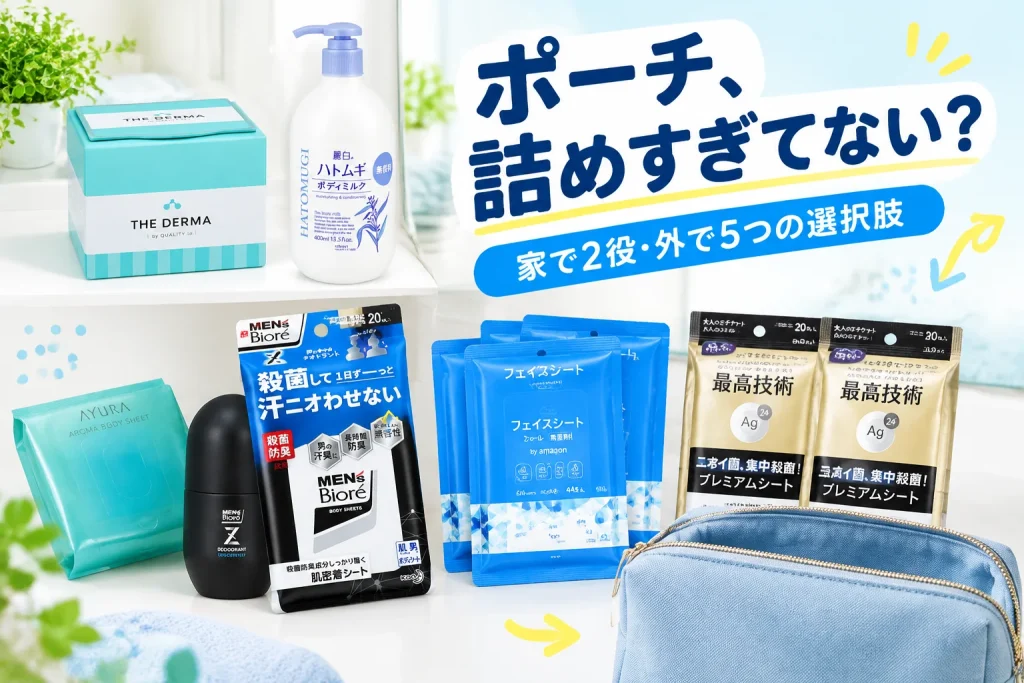 汗ばむ日のケア、何を持つ?外出先と帰宅後で選ぶ顔・体ケア7品の紹介イメージ