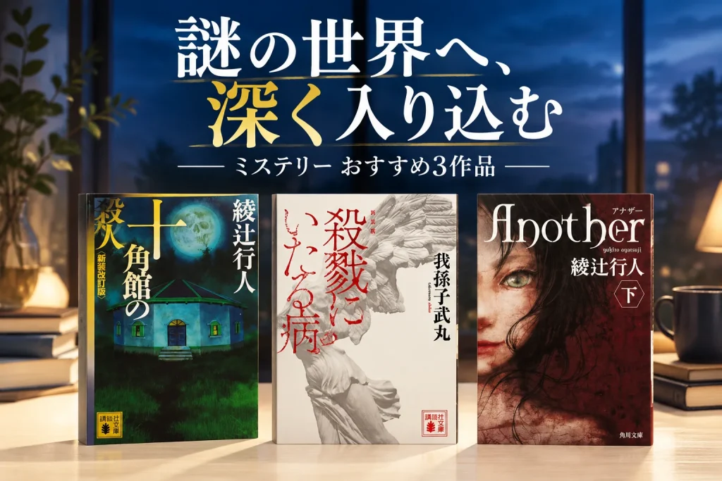 実際の書影正面を大きく配置した、明るい読書机と奥に静かな夜の窓。3作品の謎の入り口を伝える。