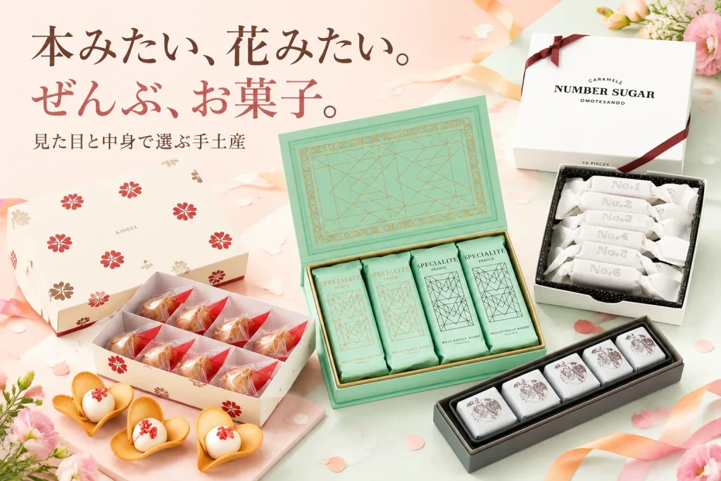 本型のミルフィユ、花形の焼き菓子、キャラメル、きんつばの4つの手土産。