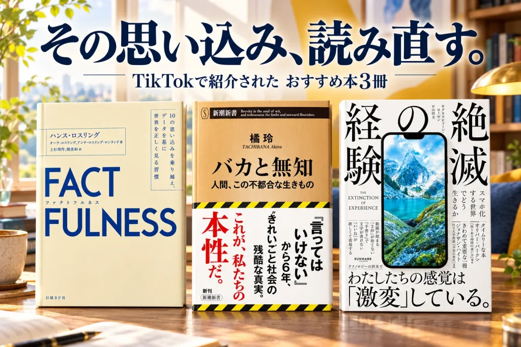 暖かな自然光の読書机。ベージュと青のFACTFULNESS、黄土色のバカと無知、白地と湖のスマートフォンが描かれた経験の絶滅。3冊の正面書影を大きく、ゆったりした奥行きのある一場面に置く。