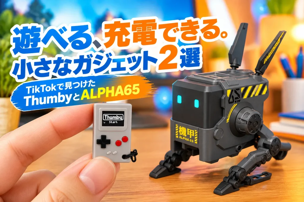 指先サイズの灰色Thumbyと灰色のALPHA65を大きく接写。明るい机へ青とオレンジの照明を添え、遊べるゲーム機と充電器の形を鮮明に見せる。
