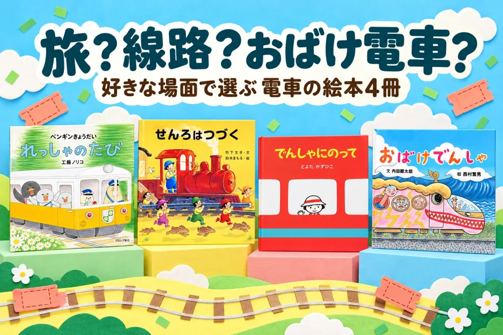 電車の絵本4冊と「旅?線路?おばけ電車?」の文字