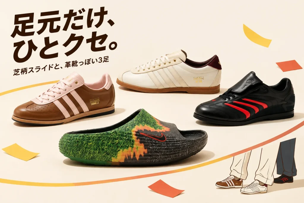 普通のスニーカーに飽きたら|ボウリング風3足と芝柄スライドの紹介イメージ