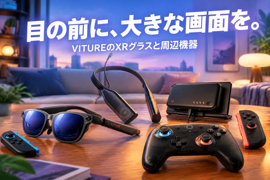 XRグラスと周辺機器を大きく置いた、映像を楽しむ部屋のイメージ。