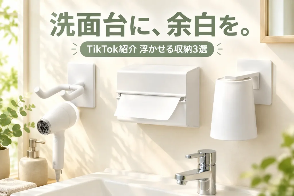 明るい洗面室でドライヤー、ペーパーケース、タンブラーが壁にまとまる収納イメージ。