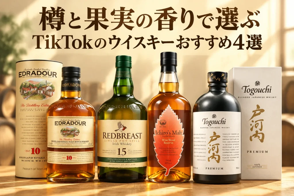 琥珀色の光が差す明るい木のテーブルに、紹介するウイスキーを大きく配置。果実や樽を思わせる香りを想像できる、落ち着いた記事イメージ。