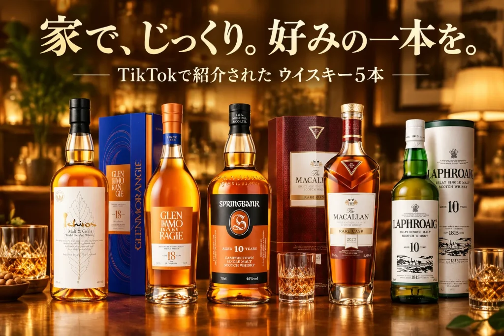 五本のウイスキーとグラスを大きく配置した、落ち着いた家のテーブルのイメージ。