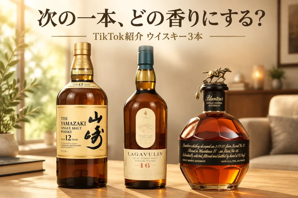 日本、スコットランド、アメリカのウイスキーボトルが明るい木のカウンターに並ぶ、香りを選ぶ大人の家飲みイメージ。
