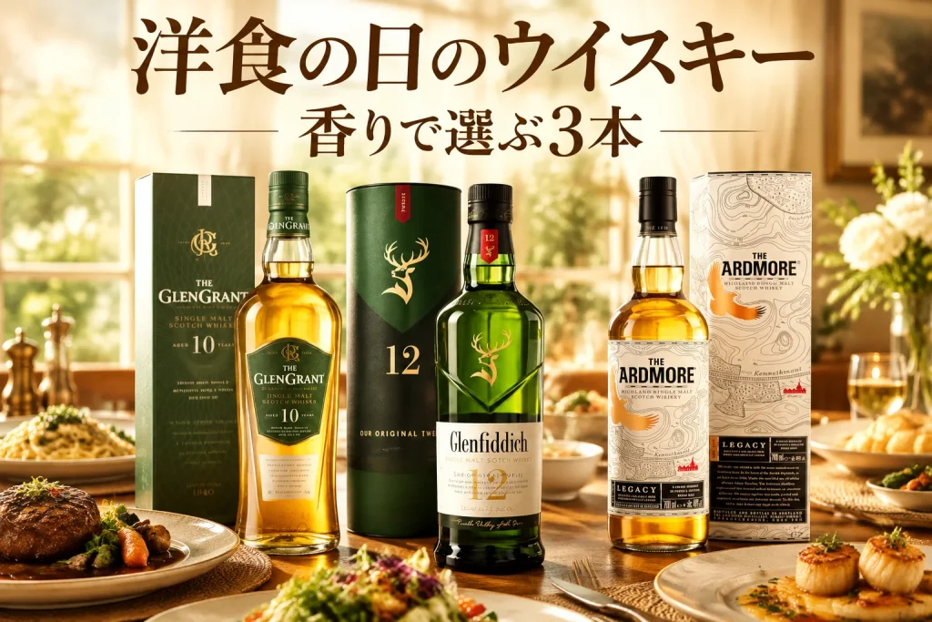 夕暮れの明るい食卓に、ウイスキーのボトルと洋食が並ぶ。果実香とスモークで選ぶ楽しさが伝わる記事イメージ。