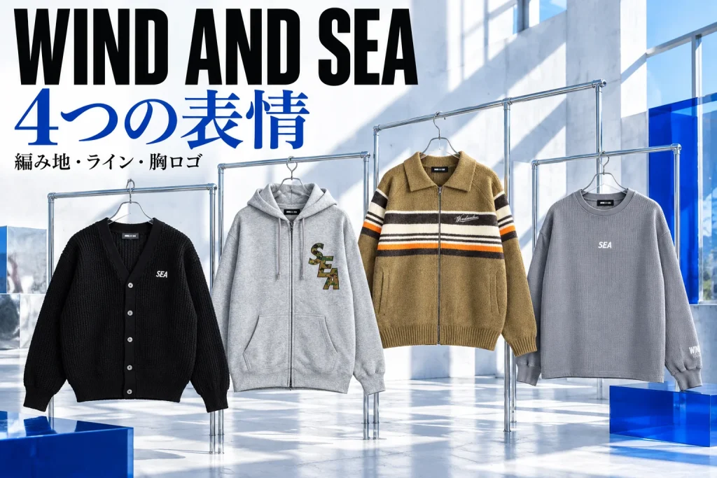 黒いVネックニット、灰色胸カモSEAジップパーカー、茶色ライン襟付きニット、灰色長袖ワッフルTを各1点。明るい街の空間で前正面を大きく並べる。
