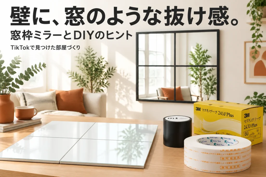 黒い格子の窓枠風ミラーを大きく見せ、テーブル上に正方形ミラーと黒・黄色・白のテープを配置した明るいインテリア写真。