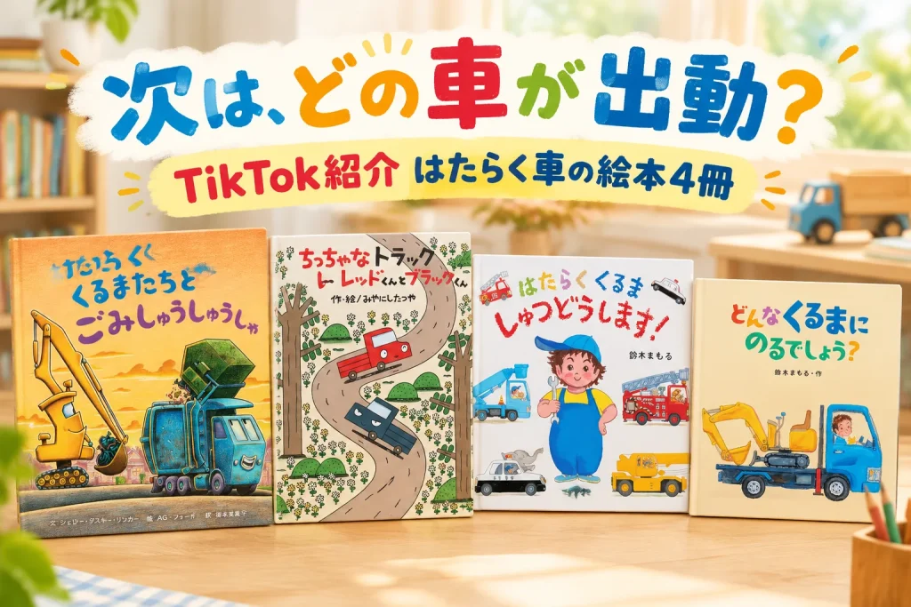 はたらく車の絵本の表紙が大きく並ぶ、昼の親子の読書スペース。出動やごみ収集の物語を選ぶ明るいイメージ。