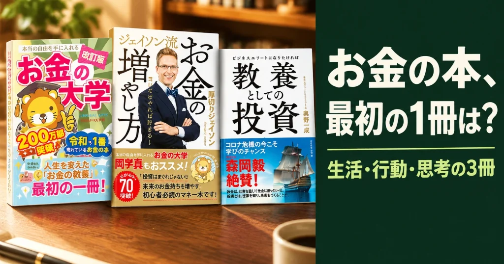 深緑の背景に『改訂版 お金の大学』『ジェイソン流お金の増やし方』『教養としての投資』の表紙を並べ、MAP・ACTION・MINDSETの違いを示した記事サムネイル